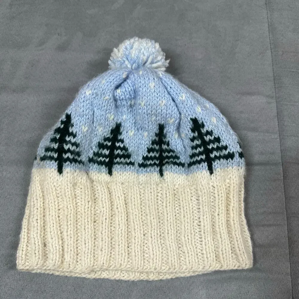 Hand Knit Beanie Pom Pom Hat Tree Pattern One Size Soft Stretchy Winter Ski